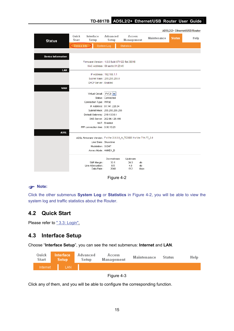 2 quick start, 3 interface setup, Quick start | Interface setup | TP-Link ADSL2/2+ ETHERNET/USB ROUTER TD-8817B User Manual | Page 21 / 57