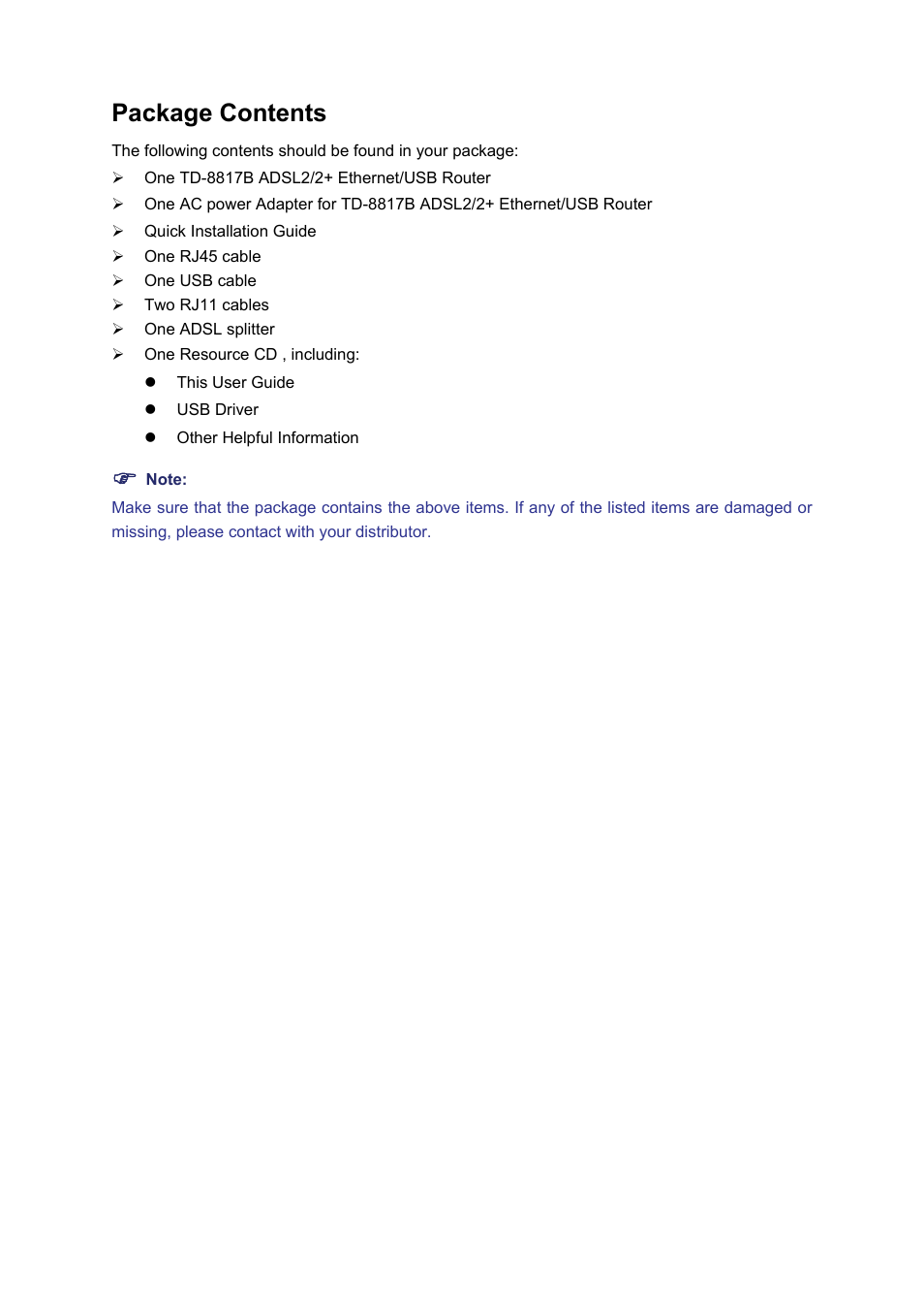 Package contents | TP-Link ADSL2/2+ ETHERNET/USB ROUTER TD-8817B User Manual | Page 4 / 57