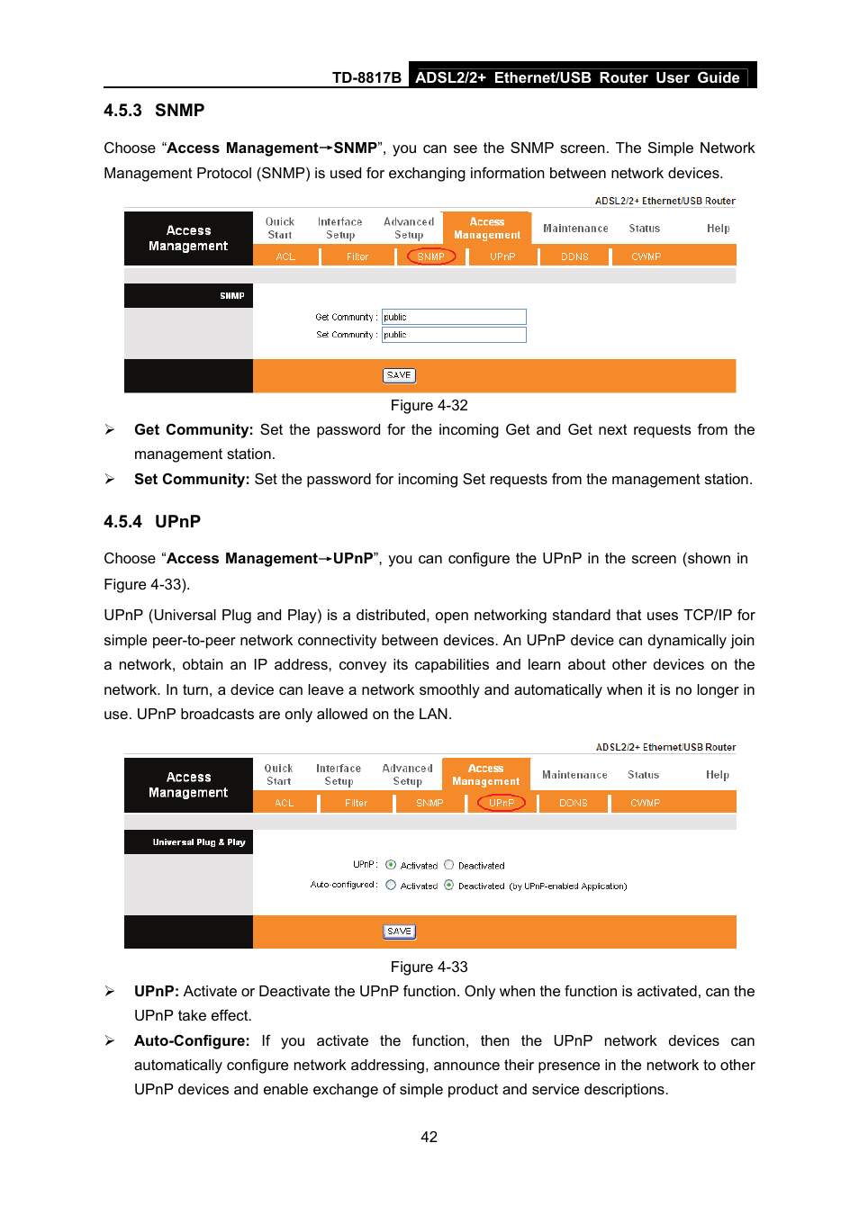 3 snmp, 4 upnp, Snmp | Upnp | TP-Link ADSL2/2+ ETHERNET/USB ROUTER TD-8817B User Manual | Page 48 / 57