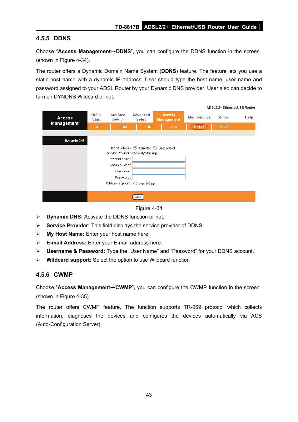 5 ddns, 6 cwmp, Ddns | Cwmp | TP-Link ADSL2/2+ ETHERNET/USB ROUTER TD-8817B User Manual | Page 49 / 57