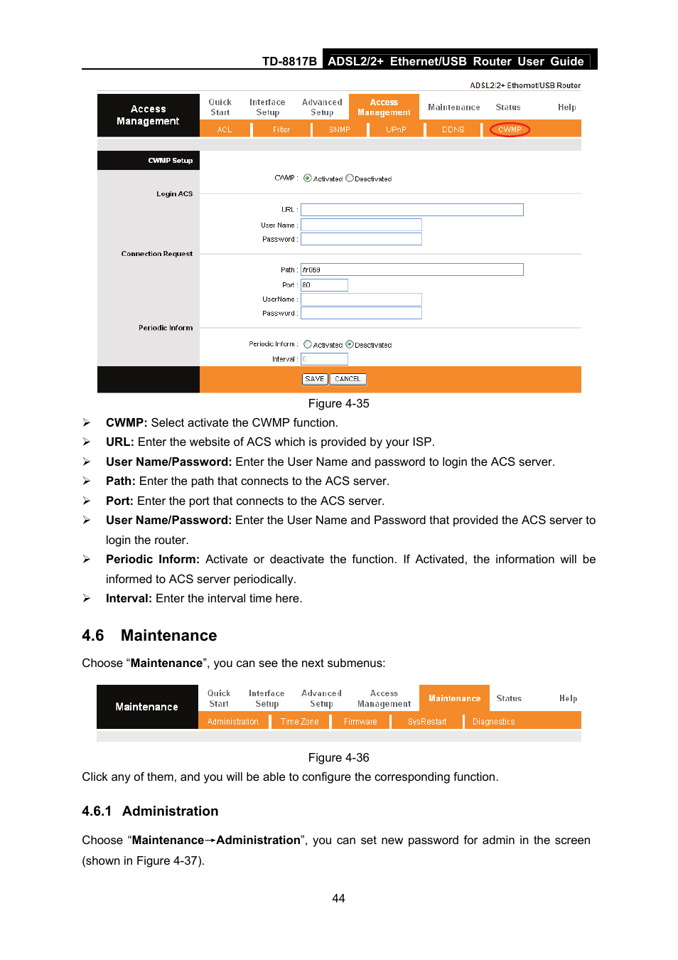 6 maintenance, 1 administration, Maintenance | Administration | TP-Link ADSL2/2+ ETHERNET/USB ROUTER TD-8817B User Manual | Page 50 / 57