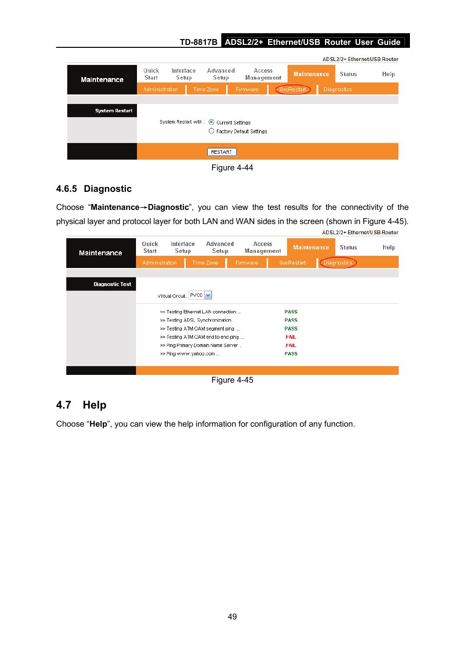 5 diagnostic, 7 help, Diagnostic | Help | TP-Link ADSL2/2+ ETHERNET/USB ROUTER TD-8817B User Manual | Page 55 / 57