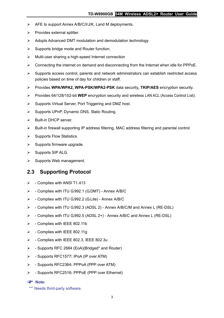 3 supporting protocol, Supporting protocol | TP-Link TD-W8900GB User Manual | Page 10 / 88
