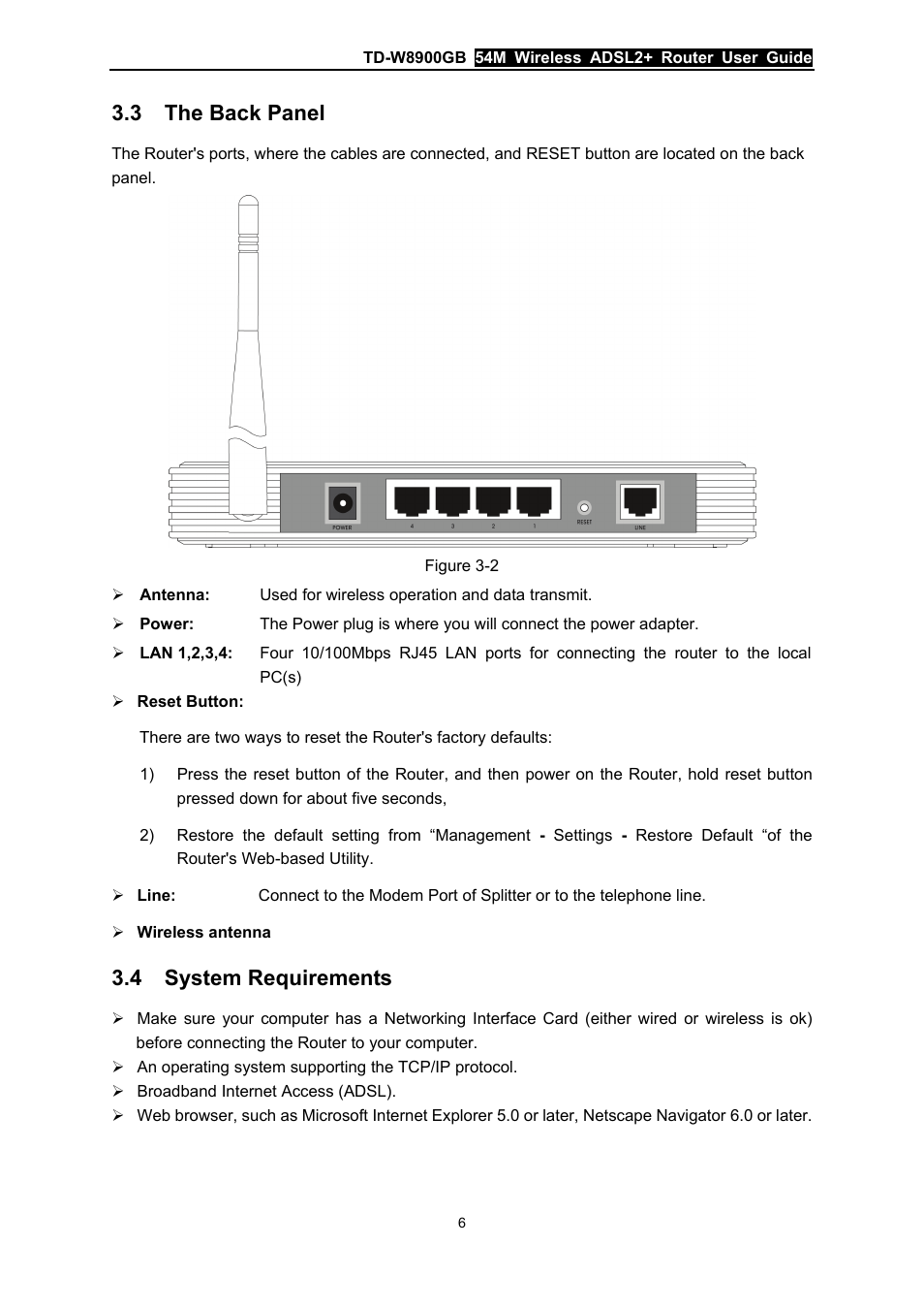 3 the back panel, 4 system requirements, The back panel | System requirements | TP-Link TD-W8900GB User Manual | Page 13 / 88