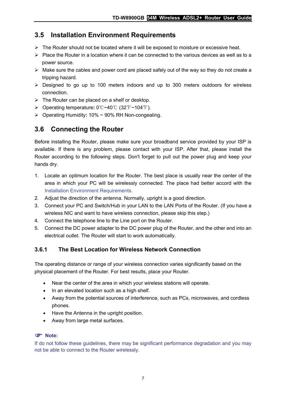 5 installation environment requirements, 6 connecting the router, Installation environment requirements | Connecting the router, The best location for wireless network connection | TP-Link TD-W8900GB User Manual | Page 14 / 88