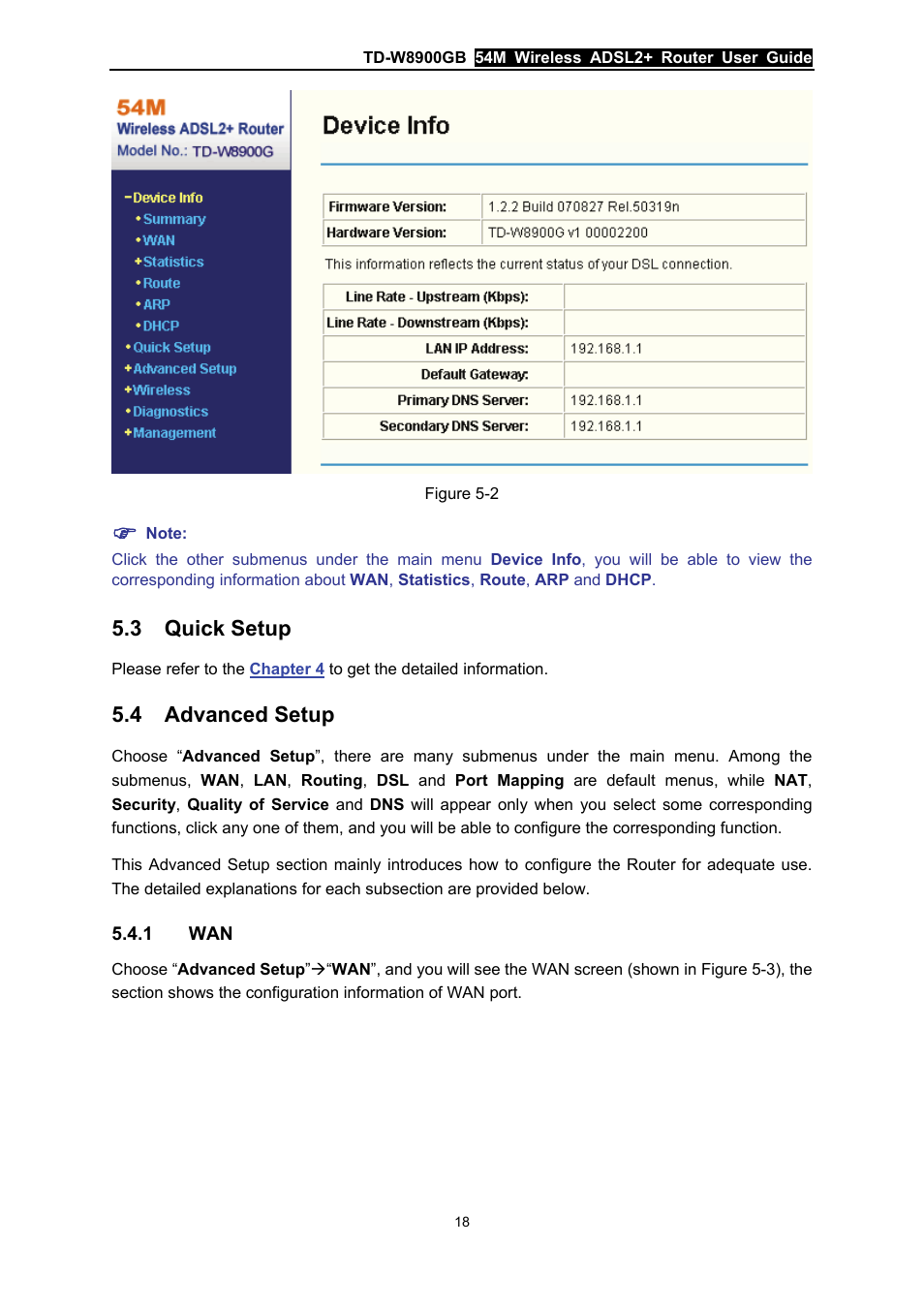 3 quick setup, 4 advanced setup, 1 wan | Quick setup, Advanced setup | TP-Link TD-W8900GB User Manual | Page 25 / 88