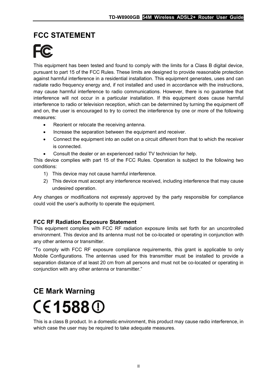 Fcc statement, Ce mark warning | TP-Link TD-W8900GB User Manual | Page 3 / 88