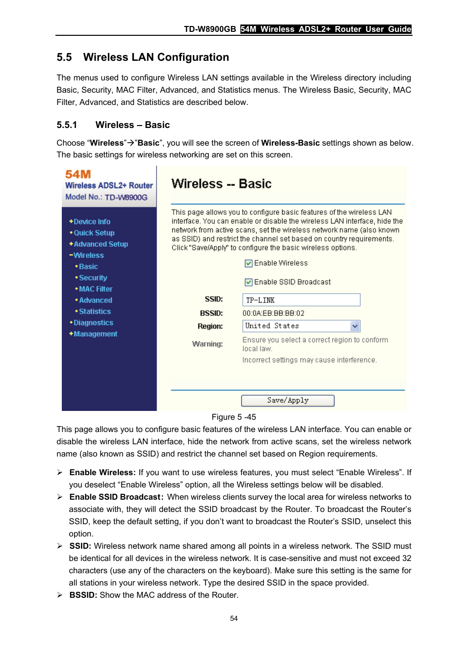 5 wireless lan configuration, 1 wireless – basic, Wireless lan configuration | Wireless – basic | TP-Link TD-W8900GB User Manual | Page 61 / 88