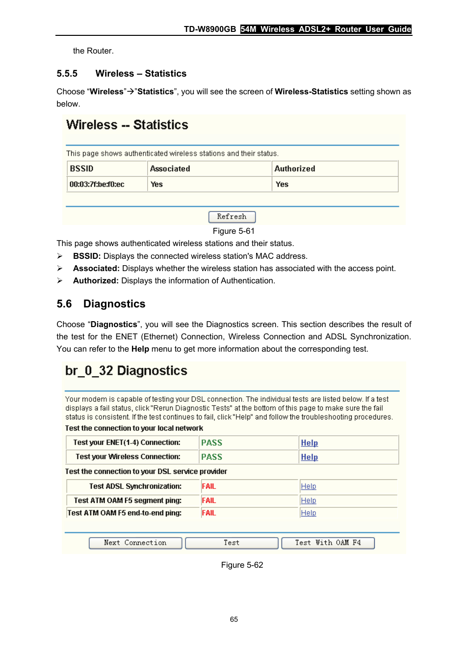 5 wireless – statistics, 6 diagnostics, Wireless – statistics | Diagnostics | TP-Link TD-W8900GB User Manual | Page 72 / 88