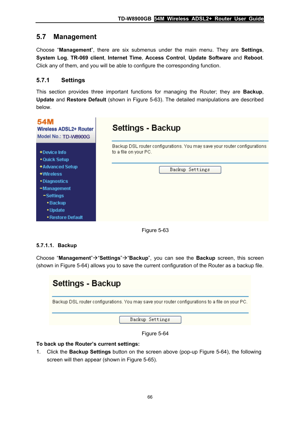 7 management, 1 settings, Backup | Management, Settings | TP-Link TD-W8900GB User Manual | Page 73 / 88