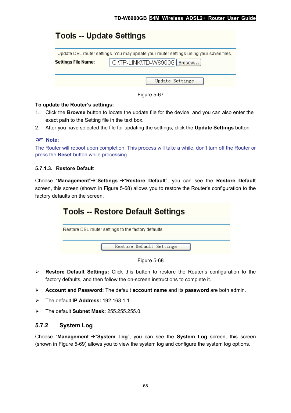 Restore default, 2 system log, System log | TP-Link TD-W8900GB User Manual | Page 75 / 88