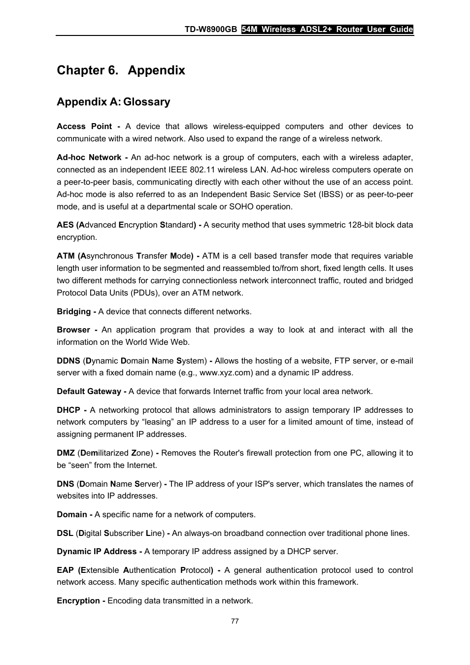 Chapter 6. appendix, Appendix a: glossary, Chapter 6 | Appendix, Appendix a, Glossary | TP-Link TD-W8900GB User Manual | Page 84 / 88