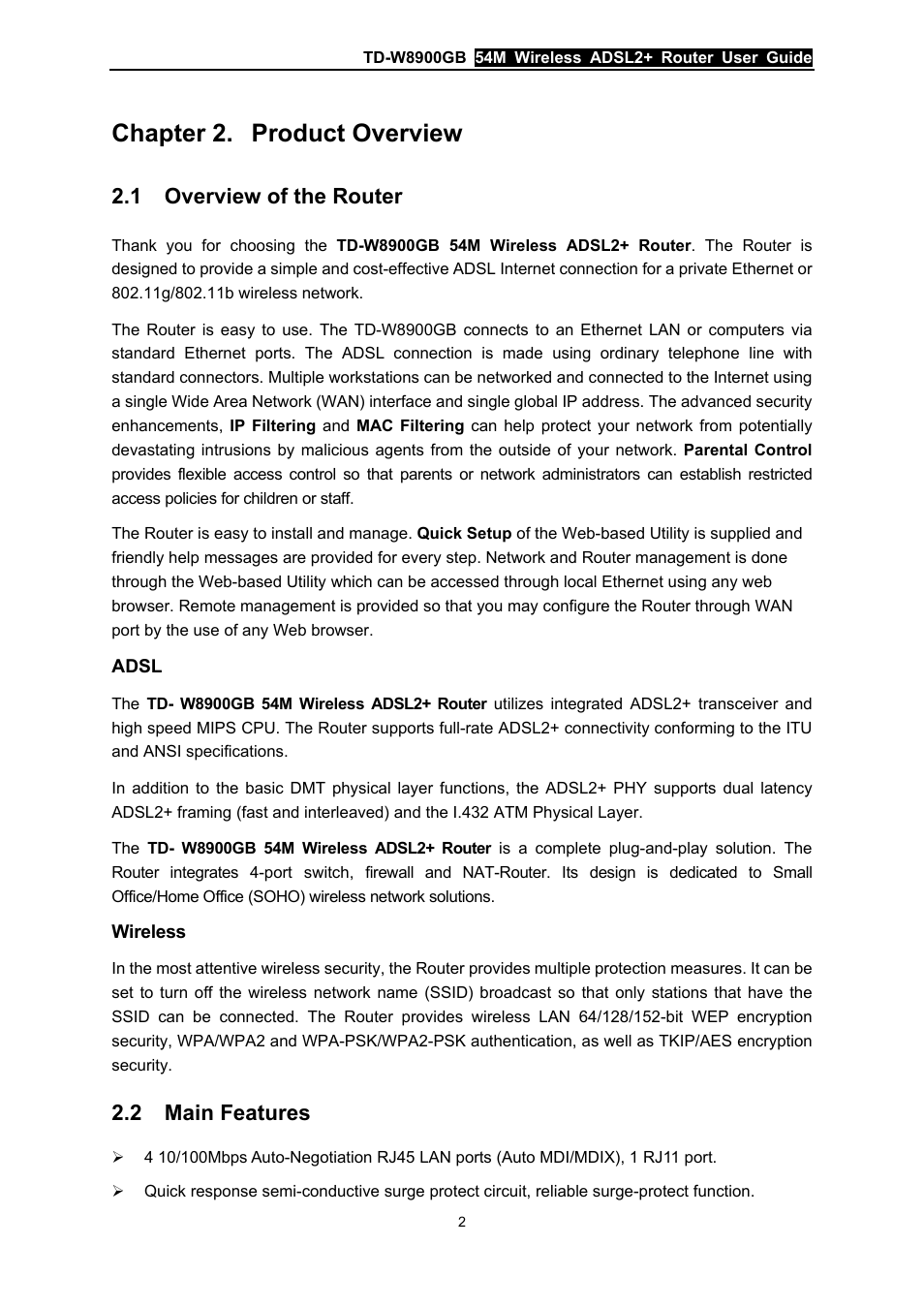 Chapter 2. product overview, 1 overview of the router, 2 main features | Chapter 2, Product overview, Overview of the router, Main features | TP-Link TD-W8900GB User Manual | Page 9 / 88