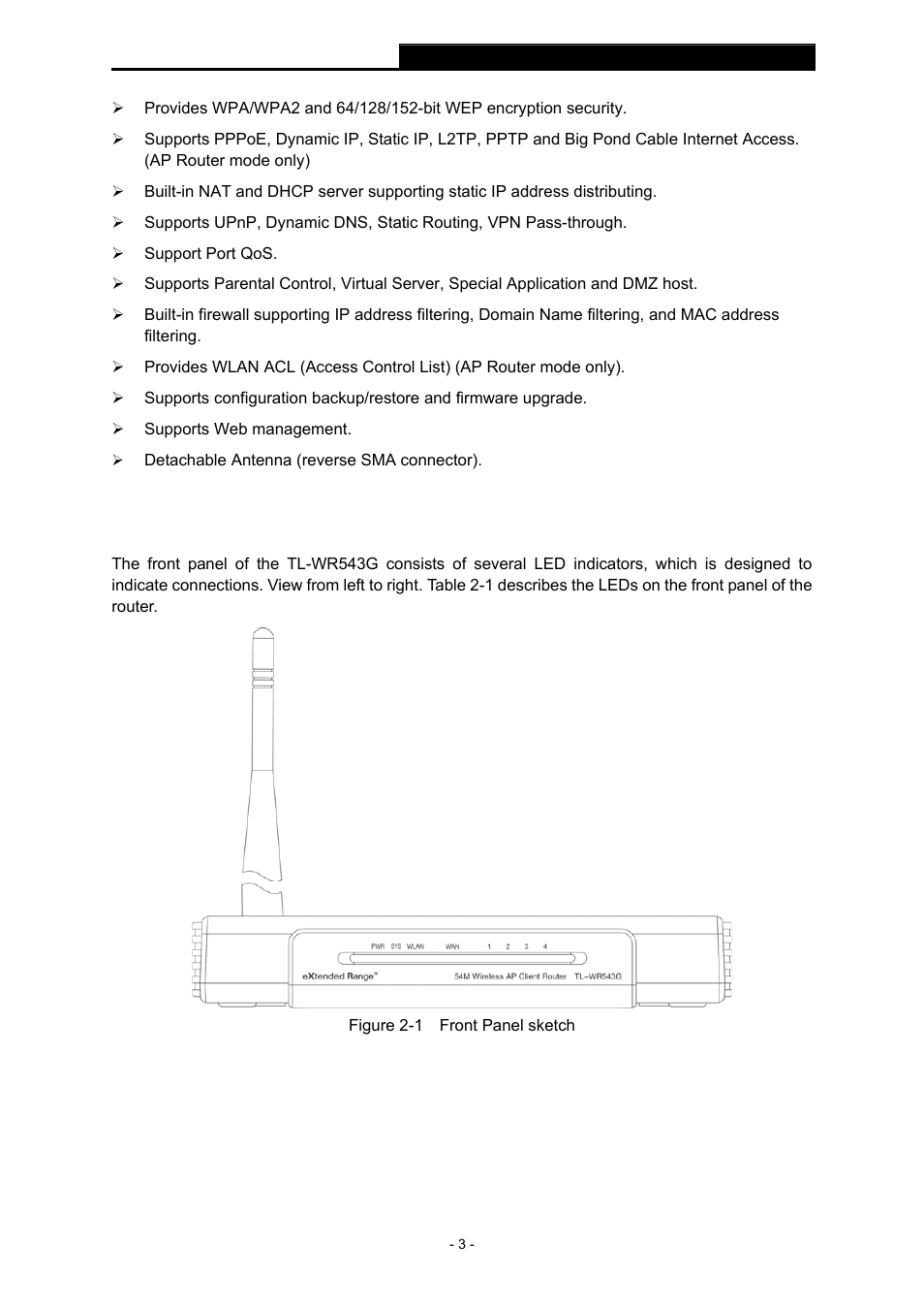 3 panel layout, 1 the front panel, 2 led explanation | Panel layout, The front panel, Led explanation | TP-Link TL-WR543G User Manual | Page 12 / 81