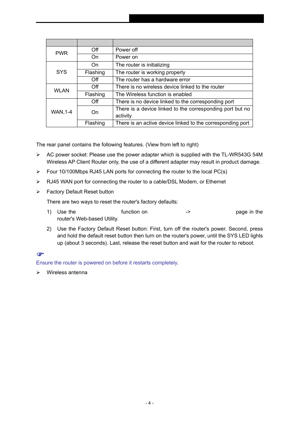 3 the rear panel, The rear panel | TP-Link TL-WR543G User Manual | Page 13 / 81