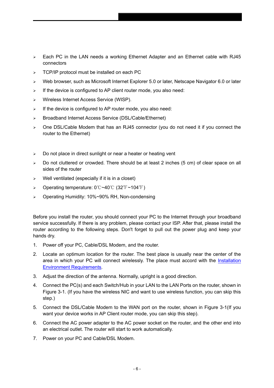 Chapter 3 connecting the router, 1 system requirements, 2 installation environment requirements | 3 connecting the router, Chapter 3, Connecting the router, System requirements, Installation environment requirements | TP-Link TL-WR543G User Manual | Page 15 / 81