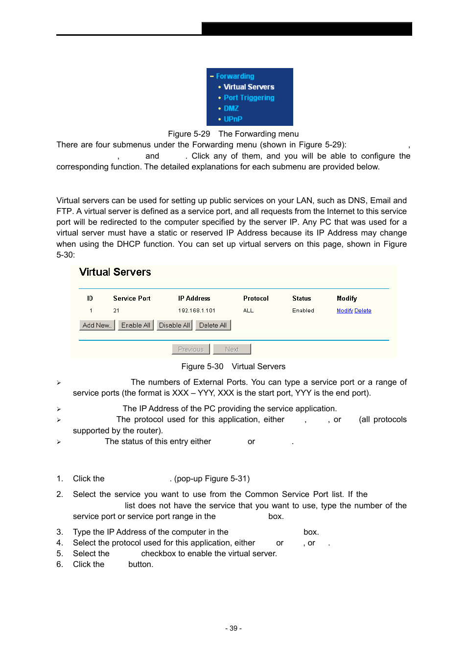 8 forwarding, 1 virtual servers, Forwarding | Virtual servers | TP-Link TL-WR543G User Manual | Page 48 / 81