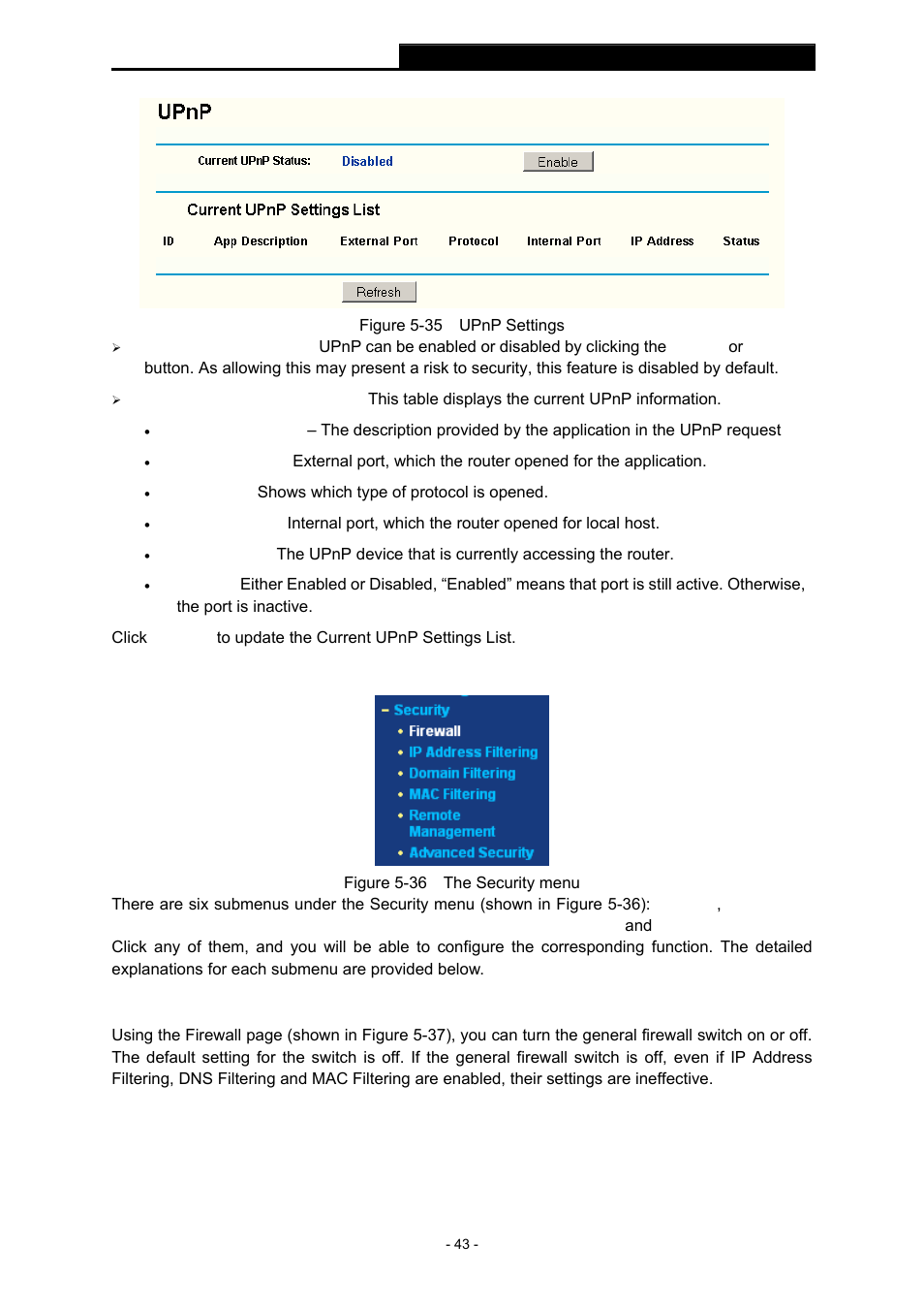 9 security, 1 firewall, Security | Firewall | TP-Link TL-WR543G User Manual | Page 52 / 81
