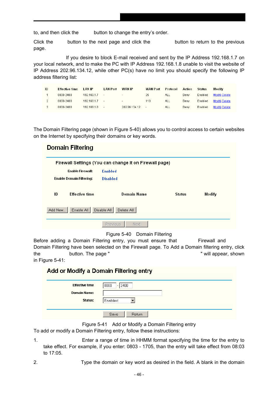 3 domain filtering, Domain filtering | TP-Link TL-WR543G User Manual | Page 55 / 81