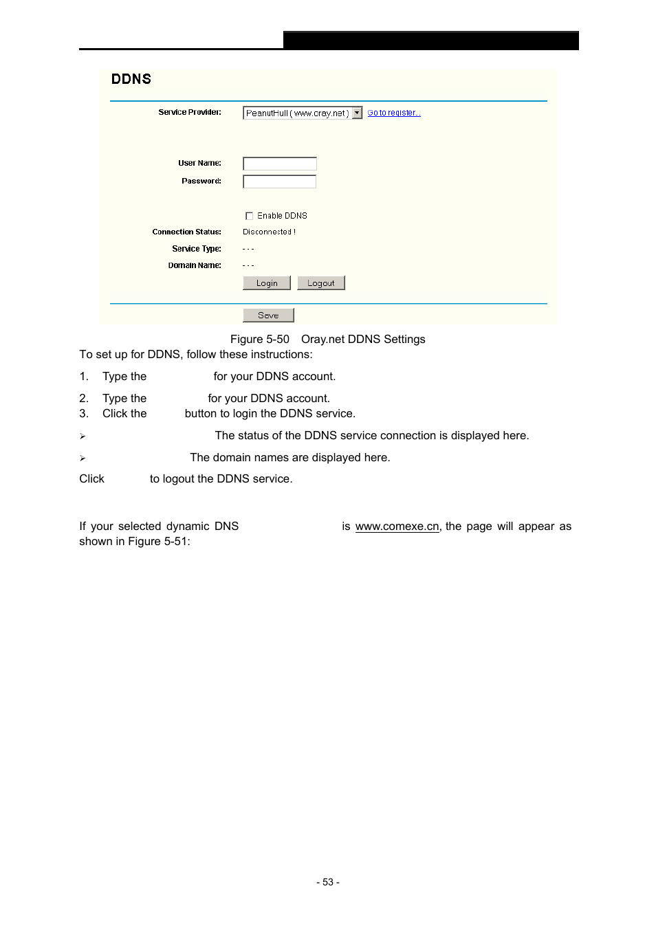 3 comexe.cn ddns, Comexe.cn ddns | TP-Link TL-WR543G User Manual | Page 62 / 81