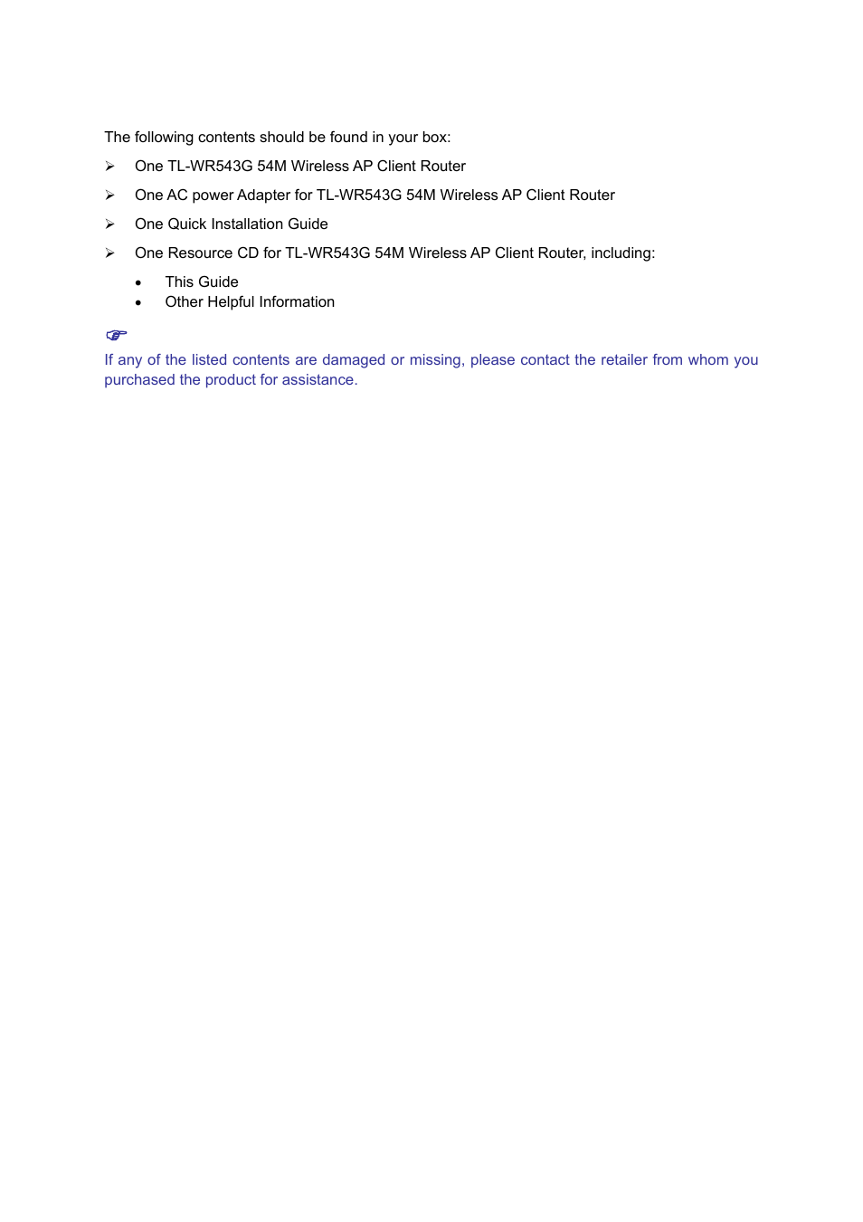 Package contents | TP-Link TL-WR543G User Manual | Page 7 / 81