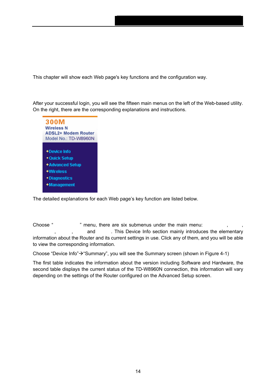 Chapter 4. configuring the router, 1 login, 2 device info | Chapter 4, Configuring the router, Login, Device info | TP-Link TD-W8960N User Manual | Page 21 / 105