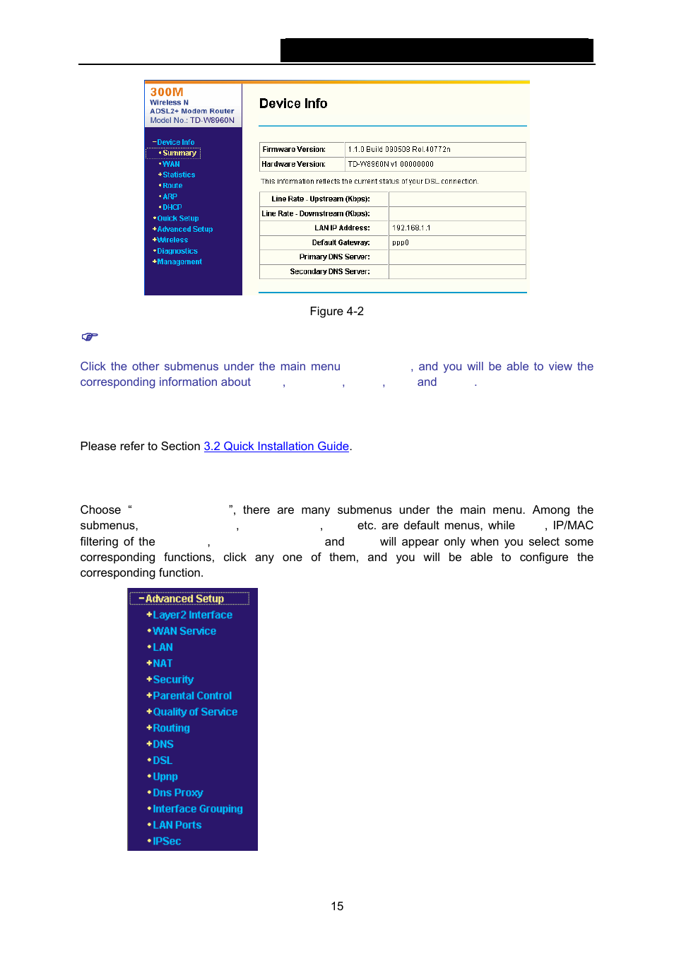 3 quick setup, 4 advanced setup, Quick setup | Advanced setup | TP-Link TD-W8960N User Manual | Page 22 / 105