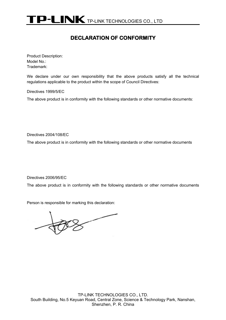 Declaration of conformity | TP-Link TD-W8960N User Manual | Page 5 / 105