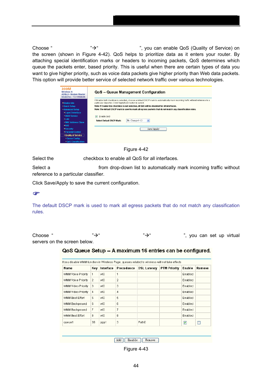 8 quality of service, 1 queue config | TP-Link TD-W8960N User Manual | Page 51 / 105