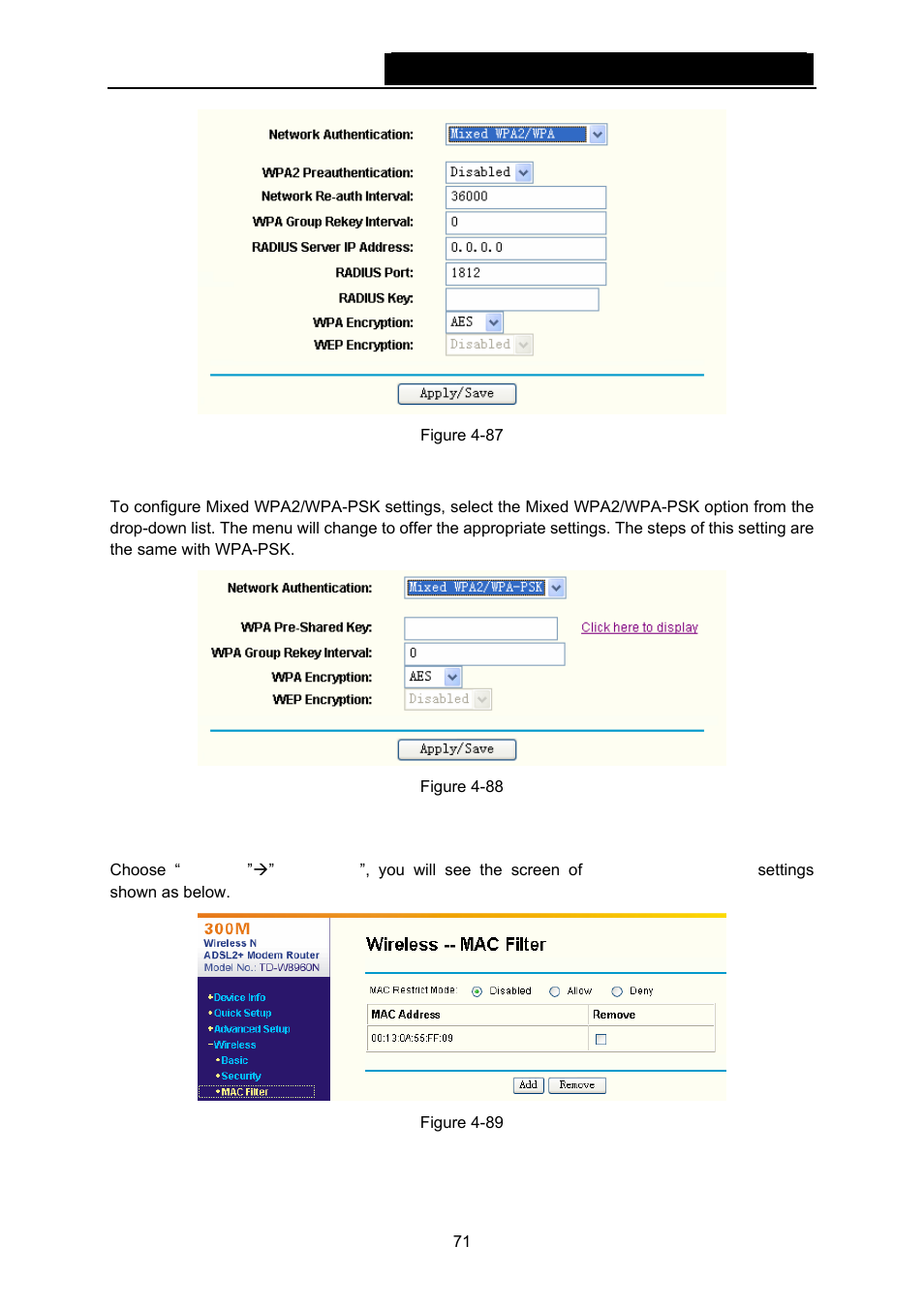 Mixed wpa2/wpa-psk, 3 mac filter | TP-Link TD-W8960N User Manual | Page 78 / 105