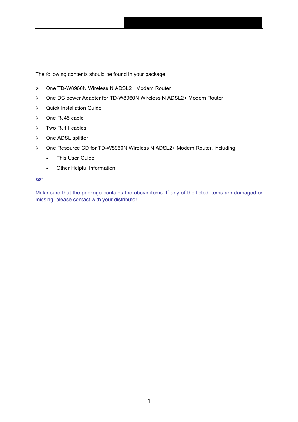 Package contents | TP-Link TD-W8960N User Manual | Page 8 / 105