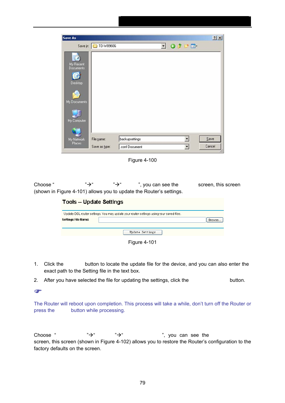 2 update, 3 restore default, As the appointed file (shown in figure 4-100 | TP-Link TD-W8960N User Manual | Page 86 / 105