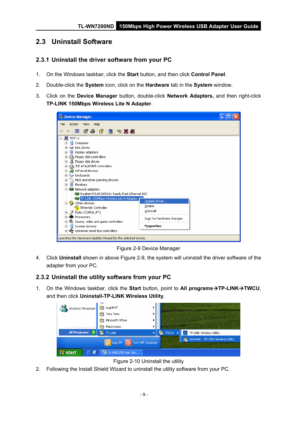 3 uninstall software, 1 uninstall the driver software from your pc, 2 uninstall the utility software from your pc | Uninstall software, Uninstall the driver software from your pc, Uninstall the utility software from your pc | TP-Link TL-WN7200ND User Manual | Page 14 / 40