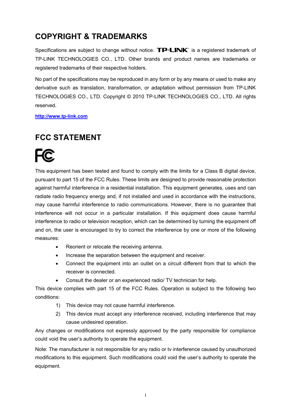 Copyright & trademarks, Fcc statement | TP-Link TL-WN7200ND User Manual | Page 2 / 40