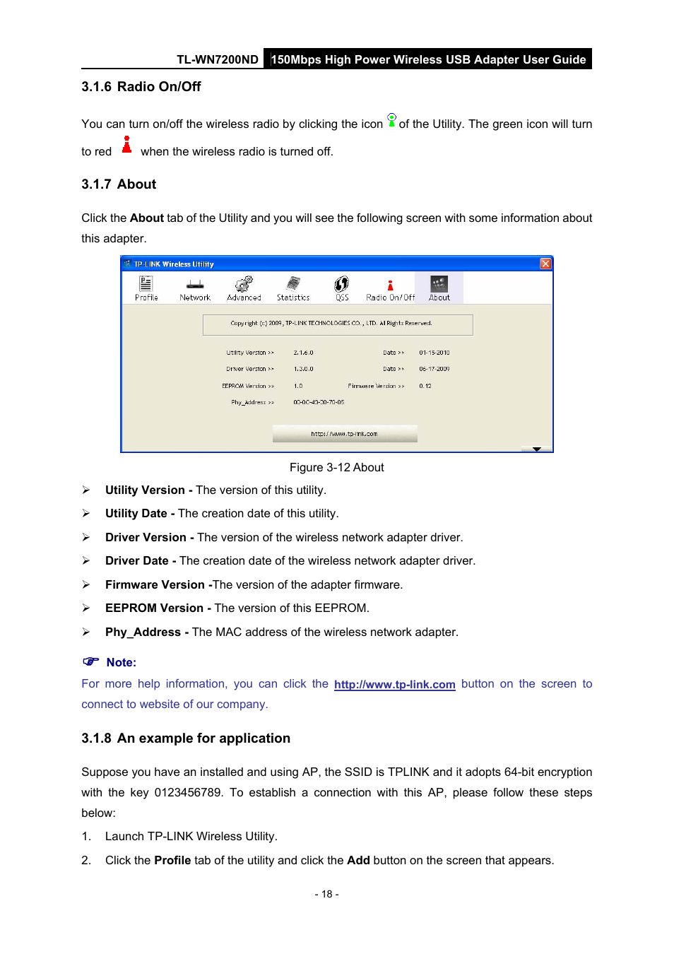 6 radio on/off, 7 about, 8 an example for application | Radio on/off, About, An example for application | TP-Link TL-WN7200ND User Manual | Page 23 / 40