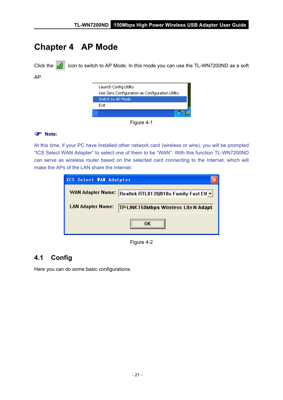 Chapter 4 ap mode, 1 config, Chapter 4 | Ap mode, Config | TP-Link TL-WN7200ND User Manual | Page 26 / 40