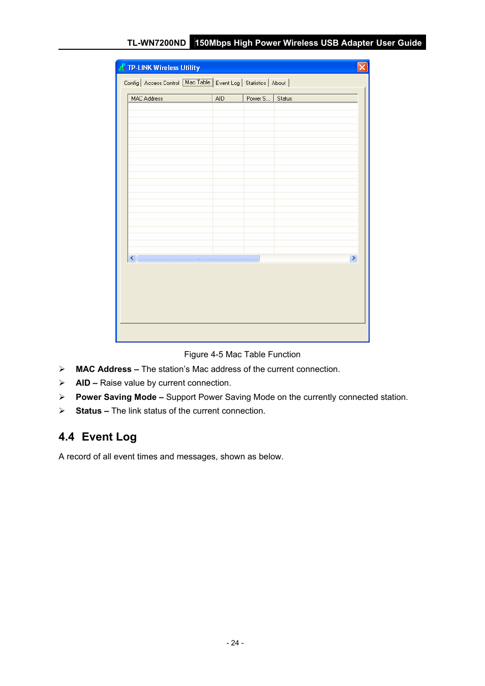 4 event log, Event log | TP-Link TL-WN7200ND User Manual | Page 29 / 40