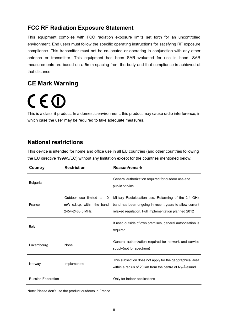 Ce mark warning, Fcc rf radiation exposure statement, National restrictions | TP-Link TL-WN7200ND User Manual | Page 3 / 40