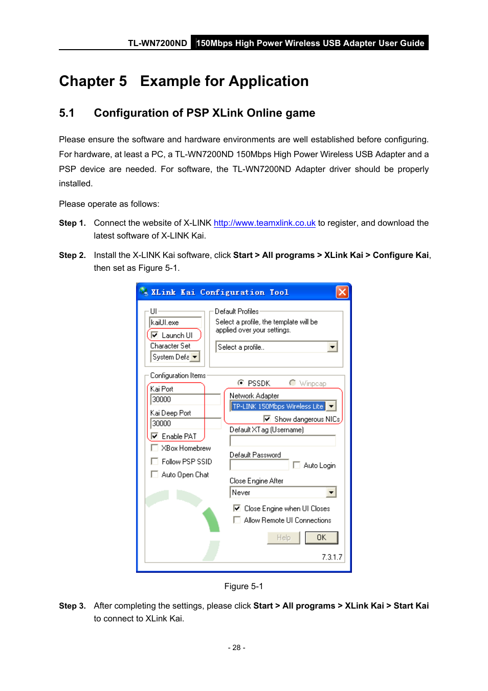 Chapter 5 example for application, 1 configuration of psp xlink online game, Chapter 5 | Example for application, Configuration of psp xlink online game | TP-Link TL-WN7200ND User Manual | Page 33 / 40