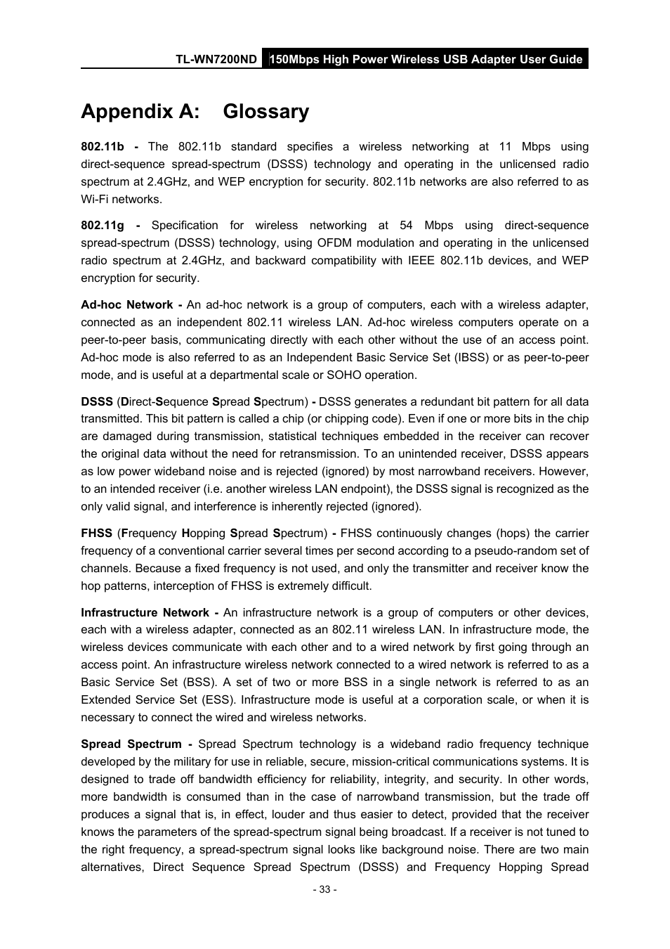 Appendix a: glossary, Appendix a, Glossary | TP-Link TL-WN7200ND User Manual | Page 38 / 40