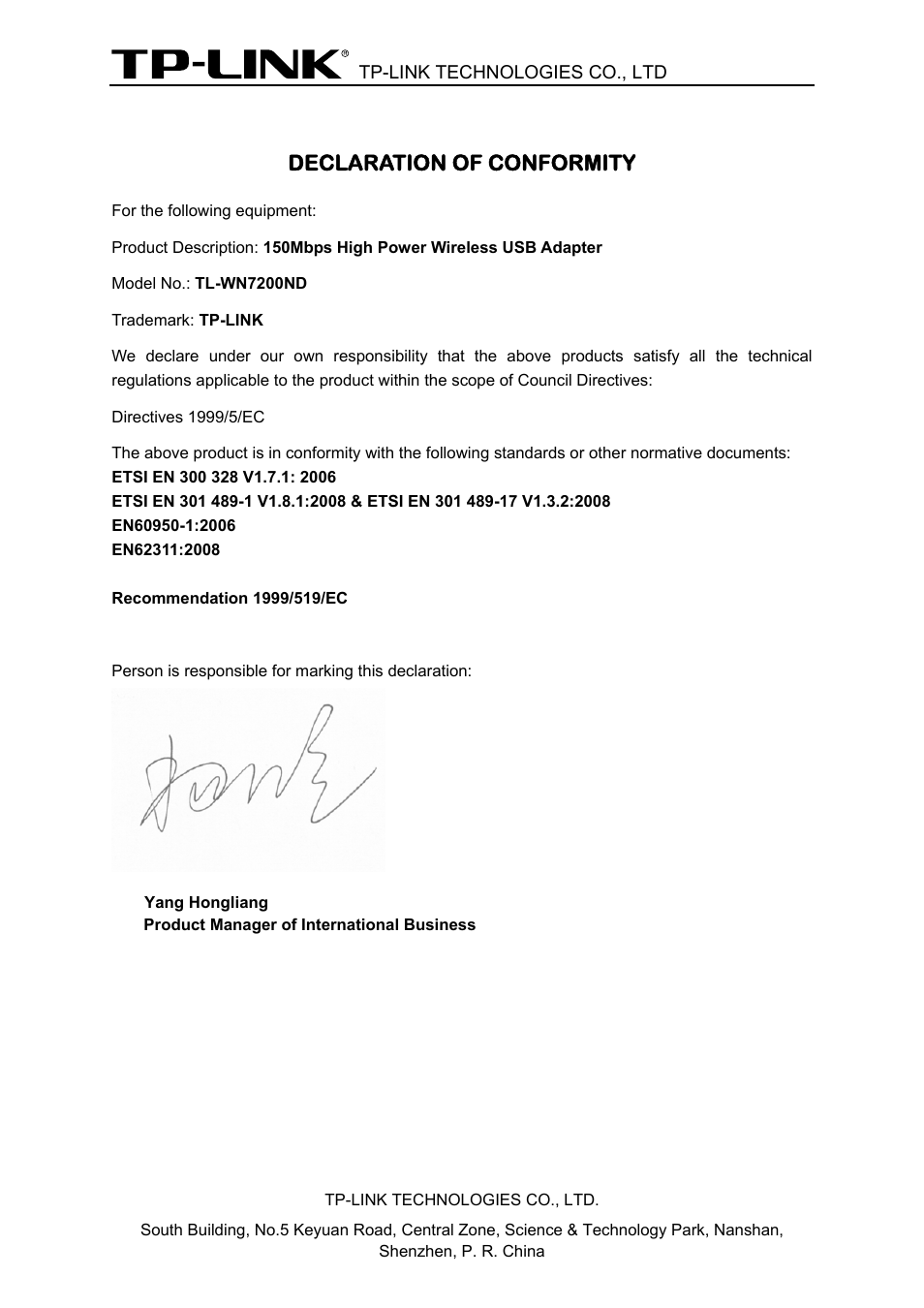 Declaration of conformity | TP-Link TL-WN7200ND User Manual | Page 4 / 40