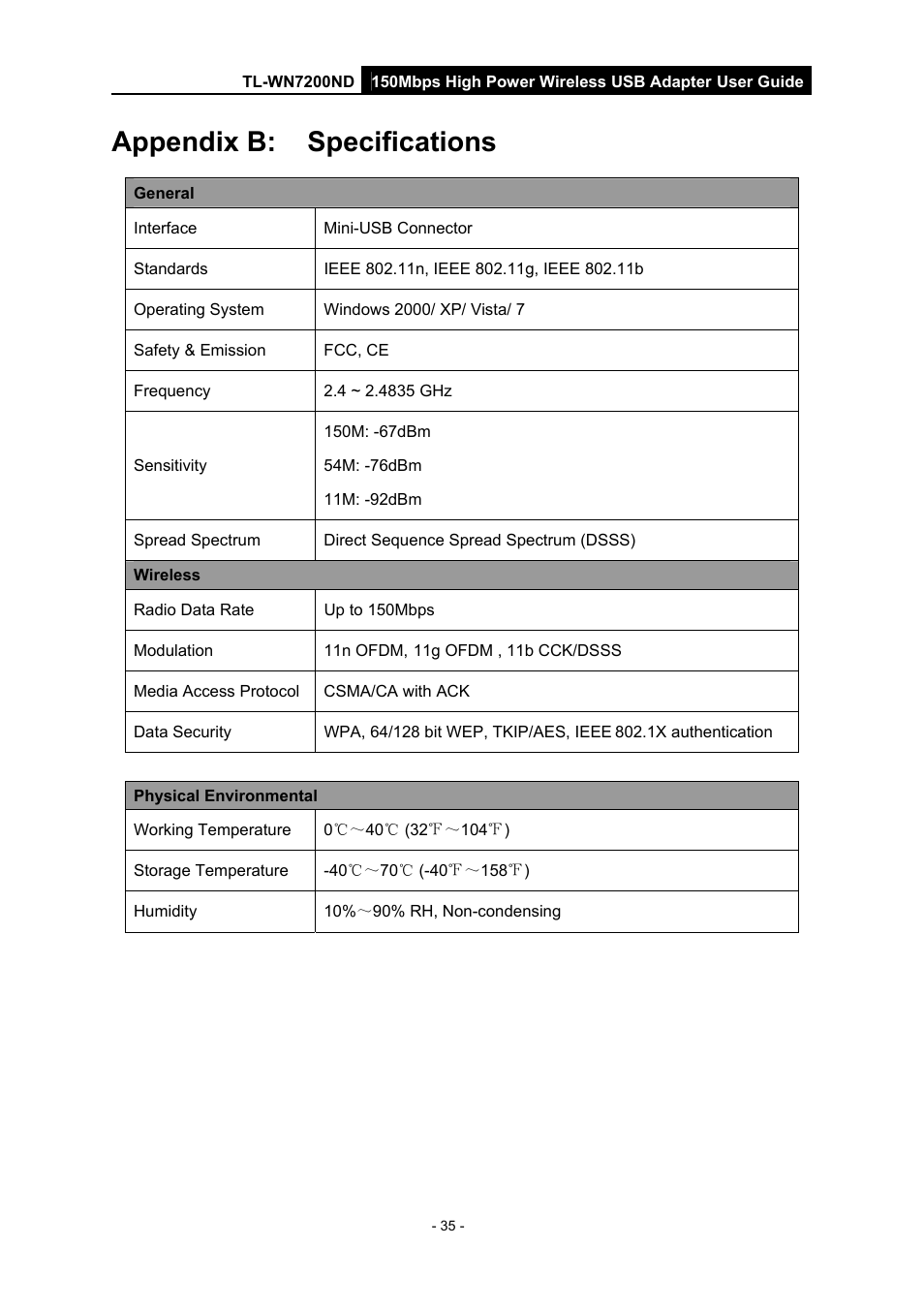 Appendix b: specifications, Appendix b, Specifications | TP-Link TL-WN7200ND User Manual | Page 40 / 40