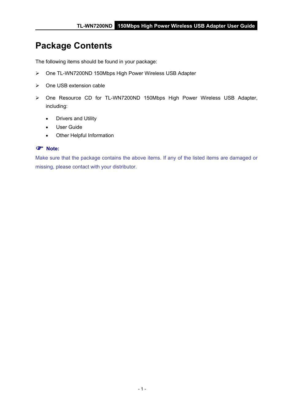 Package contents | TP-Link TL-WN7200ND User Manual | Page 6 / 40