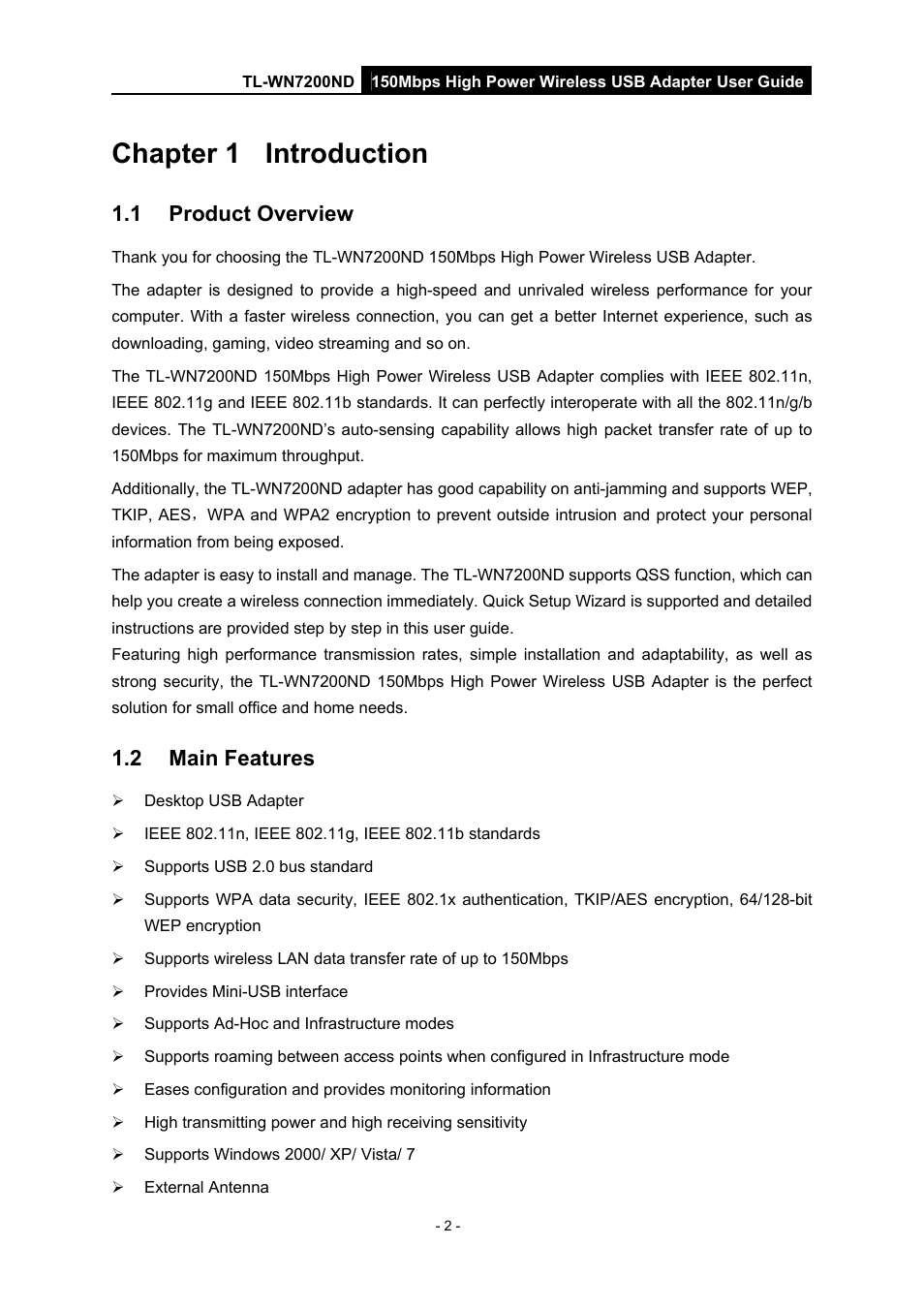 Chapter 1 introduction, 1 product overview, 2 main features | Chapter 1, Introduction, Product overview, Main features | TP-Link TL-WN7200ND User Manual | Page 7 / 40