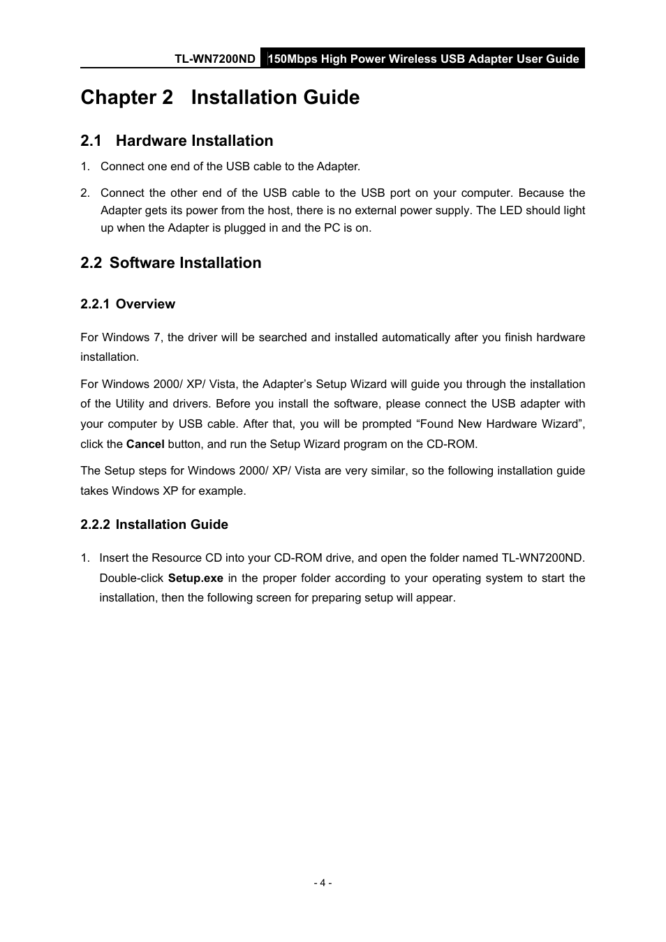 Chapter 2 installation guide, 1 hardware installation, 2 software installation | 1 overview, 2 installation guide, Chapter 2, Installation guide, Hardware installation, Software installation, Overview | TP-Link TL-WN7200ND User Manual | Page 9 / 40