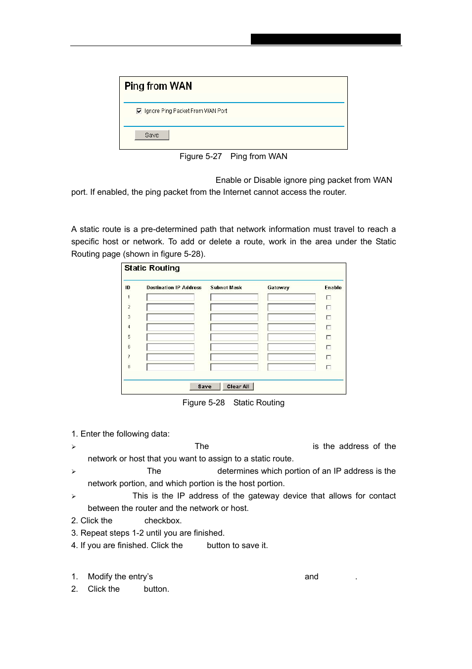 6 ping from wan, 8 static routing | TP-Link TL-R402M User Manual | Page 36 / 51