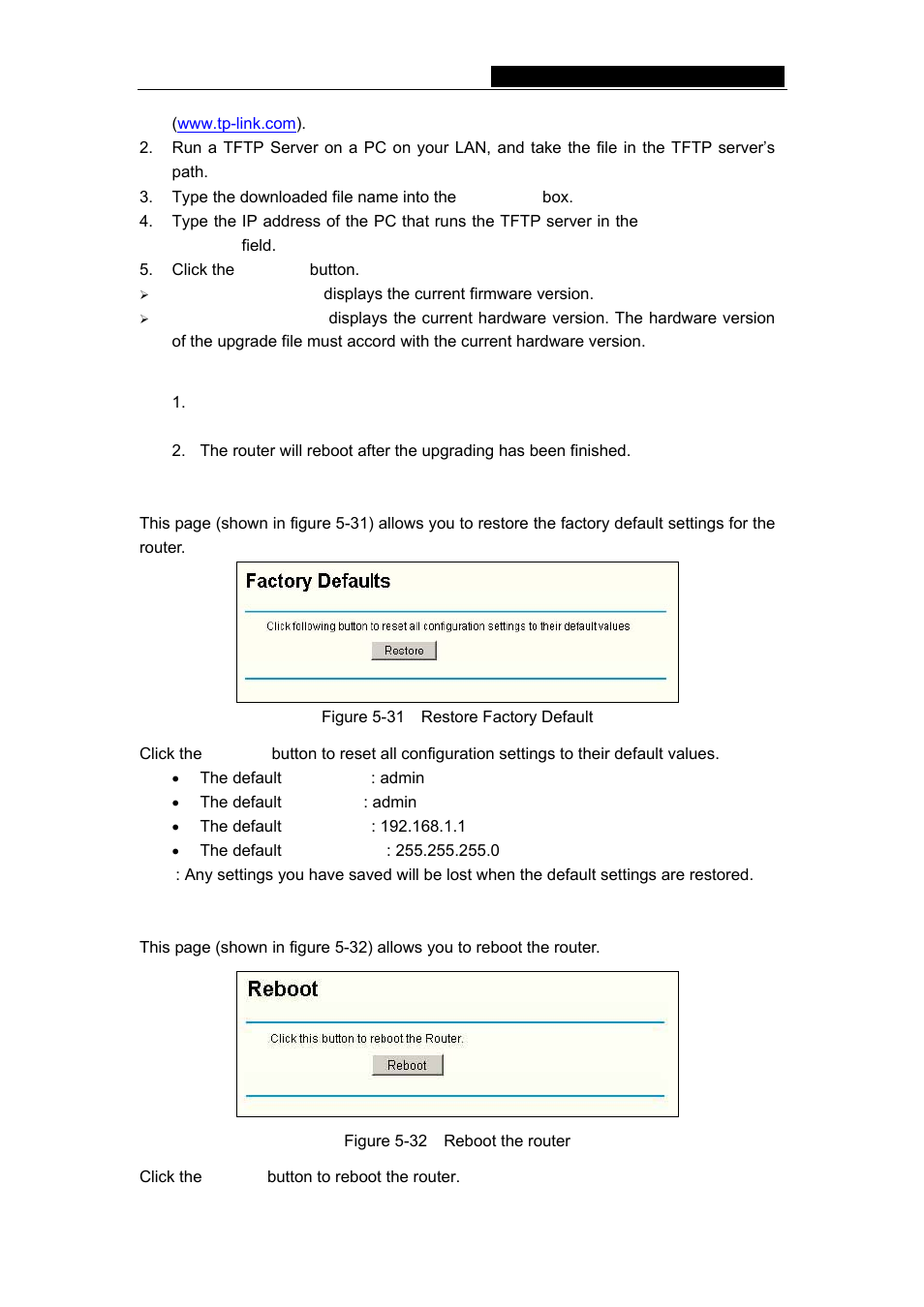 2 factory defaults, 3 reboot, 2 factory defaults 5.9.3 reboot | TP-Link TL-R402M User Manual | Page 38 / 51