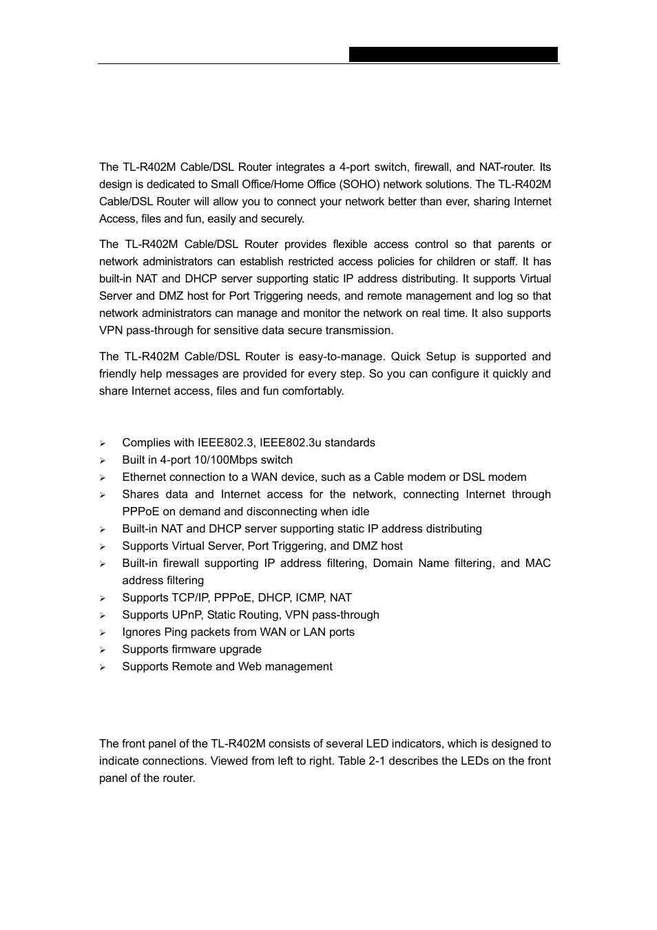 Chapter 2: introduction, 1 overview of the router, 2 features | 3 panel layout, 1 the front panel, Tl-r402m cable/dsl router user guide | TP-Link TL-R402M User Manual | Page 7 / 51