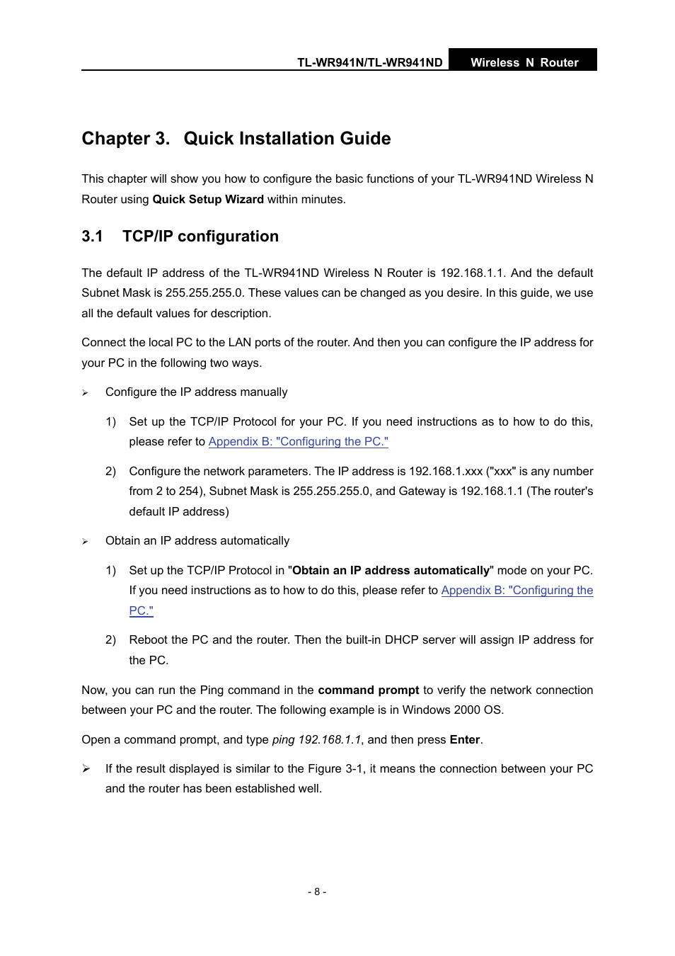 Chapter 3. quick installation guide, 1 tcp/ip configuration, 1 tcp/ip | Configuration | TP-Link TL-WR941N User Manual | Page 13 / 76