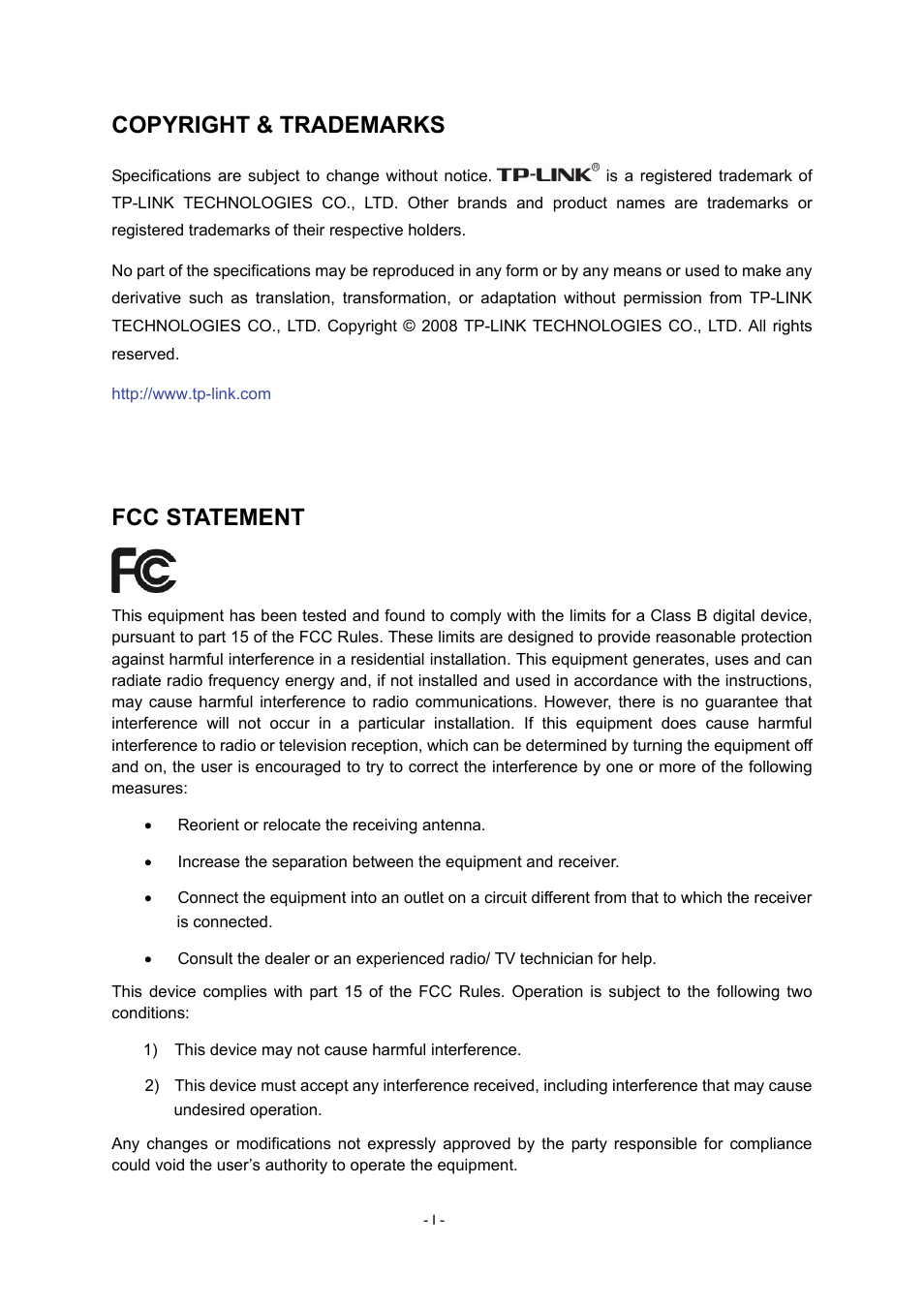 Copyright & trademarks, Fcc statement | TP-Link TL-WR941N User Manual | Page 2 / 76